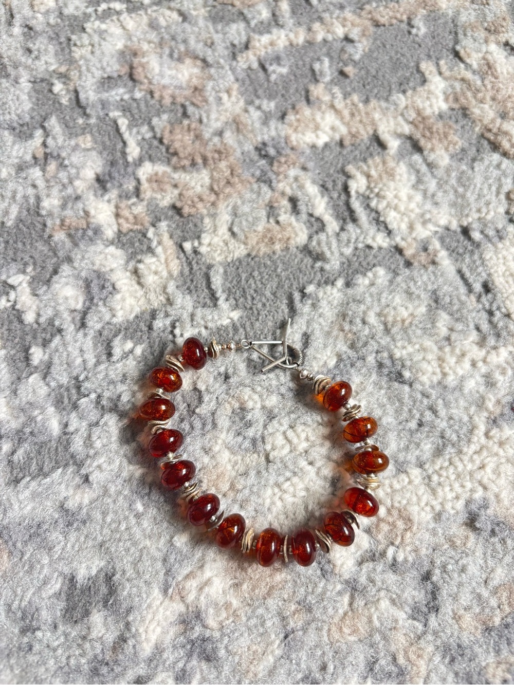 Vintage Amber Glass Bead Bracelet with Silver Accents - Women Jewelry